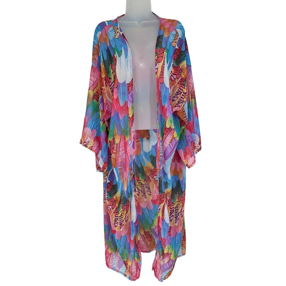 Womens Kimono Duster One Size Feather Bird Print Beach Sheer Festival Resort